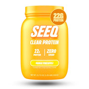SEEQ Clear Whey Isolate Mango Pineapple tub front, refreshing protein option for post-workout use