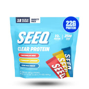 SEEQ Clear whey isolate sample pack front view highlighting convenient on-the-go protein