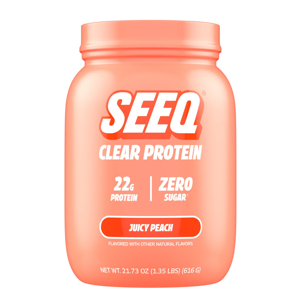 SEEQ Juicy Peach clear whey bottle shown for refreshing post-workout hydration.
