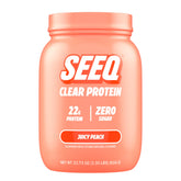 SEEQ Juicy Peach clear whey bottle shown for refreshing post-workout hydration.