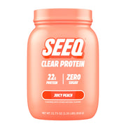 SEEQ Juicy Peach clear whey bottle shown for refreshing post-workout hydration.