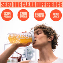 SEEQ Juicy Peach clear whey in shaker demonstrating quick mixability.