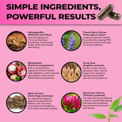 Label detail emphasizes Black Cohosh and Ashwagandha among key ingredients.