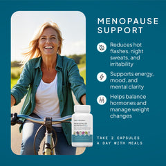 SELF NUTRITION Menopause capsules closeup showing easy daily dosing for symptom relief.