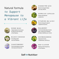 SELF NUTRITION Menopause ingredients panel highlighting natural, hormone-free blend.