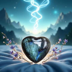 SelHeng polished blue moonstone heart gemstone for Reiki and energy work.