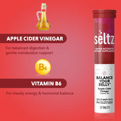 Seltz Balance apple cider vinegar beverage in a glass with fizz, tasty daily routine.