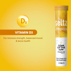 Seltz Soak Up The Sun mango orange glass showing a tasty, sugar-free vitamin drink.