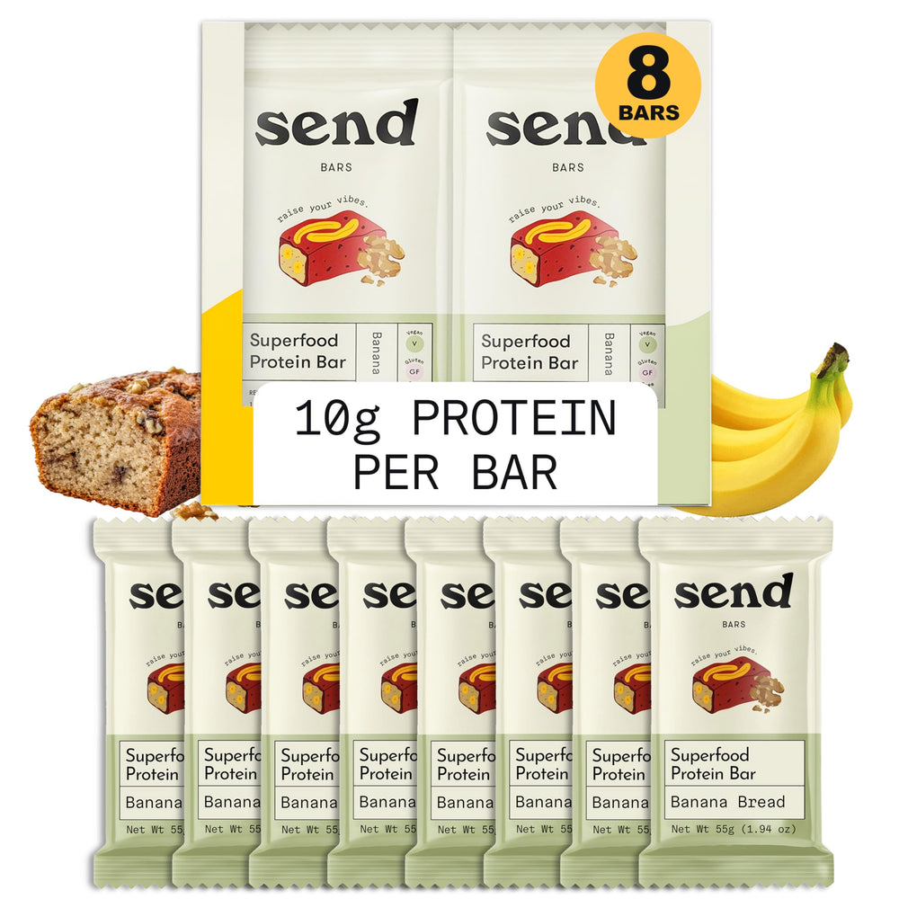Send Bars Banana Bread bar pack with real ingredients, gluten-free format, ideal for on-the-go.