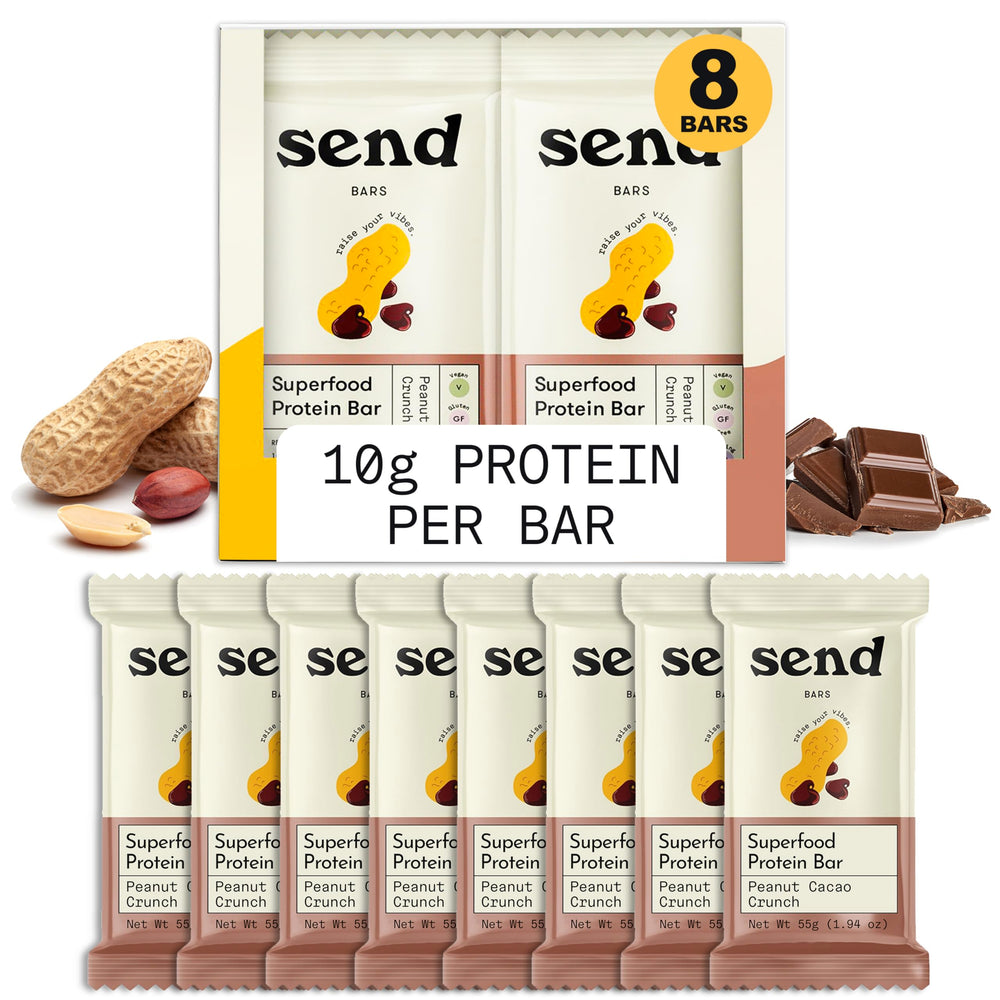 Send Bars Peanut Cacao Crunch bar close-up shows real ingredients for clean fueling.