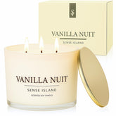 Sense Island Vanilla Nuit 3-wick candle in cream vessel for clean, long-lasting burn.