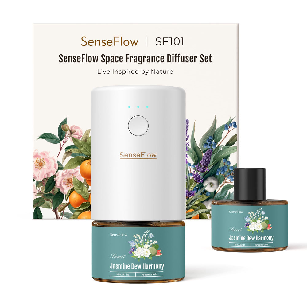 SenseFlow SF101 Pro diffuser front view showcasing Jasmine Dew Harmony fragrance.