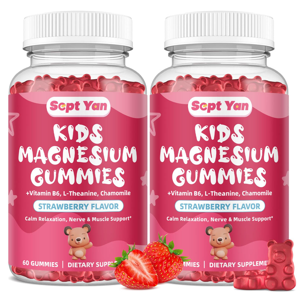 Sept Yan magnesium gummies for kids bottle front highlights strawberry flavor for easy bedtime routine