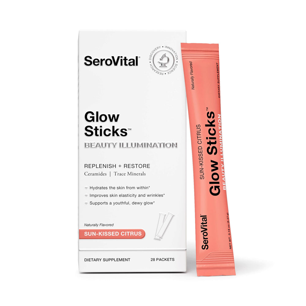 Serovital Glow Sticks bottle close-up highlighting skin hydration benefits.
