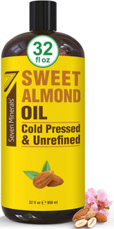 Seven Minerals Sweet Almond Oil bottle 32 oz for skin and hair care.