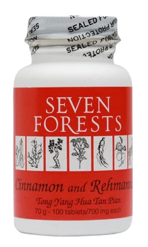 Seven Forests Cinnamon Rehmannia tablets bottle showing warming herbal blend for fluid balance
