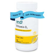 SFI Health Klaire Labs D3 1000 IU bottle close-up for trusted supplementation, highlighting potency