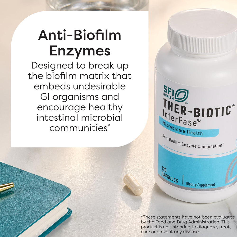 SFI Health Ther-Biotic InterFase bottle label closeup showing enzyme blend for gut balance