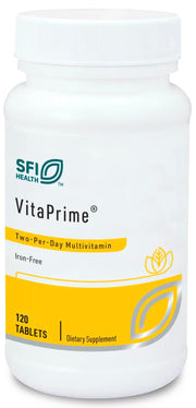 SFI Health VitaPrime bottle highlights iron-free multivitamin for daily wellness.