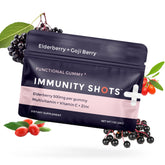 SGC Immunity Shots elderberry-goji bottle front, highlighting vegan gummies for daily immune support.