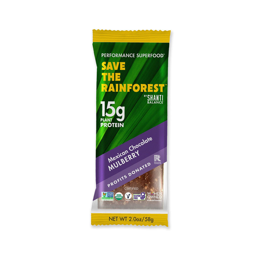 SHANTI BAR Vitality Mexican Chocolate Mulberry front view, protein-packed plant snack for active days