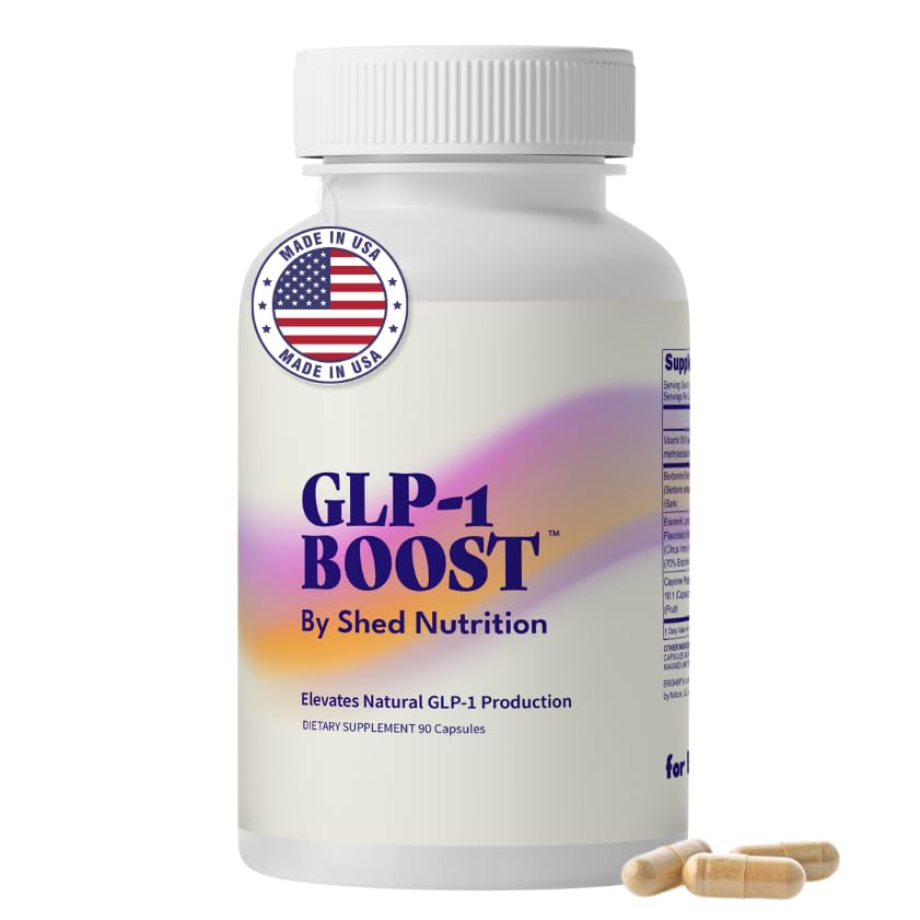Shed Nutrition GLP-1 Boost bottle on kitchen counter for daily appetite support.