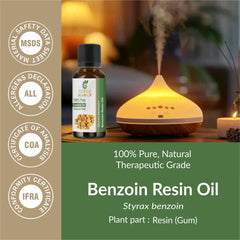 Sheer Essence amber glass bottle protecting benzoin oil from UV light.