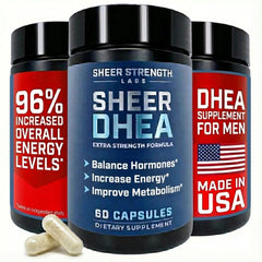 Sheer Strength DHEA 100mg bottle label promotes high-purity formula for workouts.