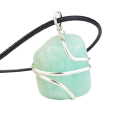 Shelf and Stone Amazonite necklace close-up of the vibrant blue-green crystal.