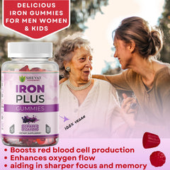Shevat Vitamins grape-flavored iron gummies close-up highlighting vegan gluten-free formula