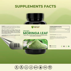 SHEVAT VITAMINS Organic Moringa bottle label showcases USA-made quality.