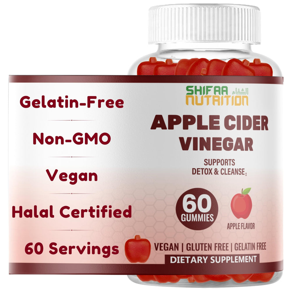 SHIFAA NUTRITION halal ACV gummies packaging shows vegan, non-GMO formula.