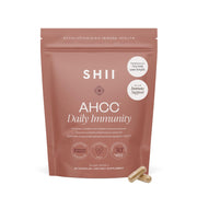 SHII AHCC Daily Immunity bottle and pour demonstrates easy daily immune support.