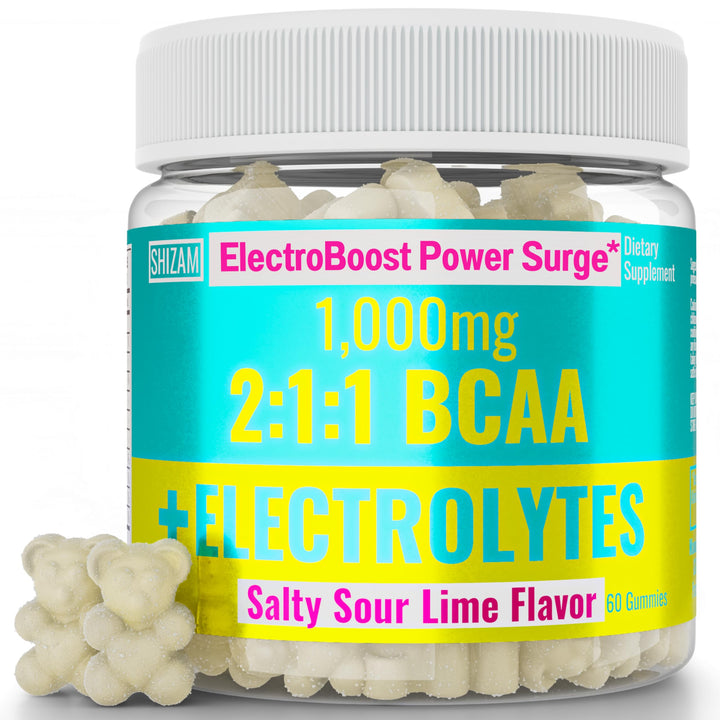 SHIZAM bottle of Salty Sour Lime gummies for on-the-go energy.