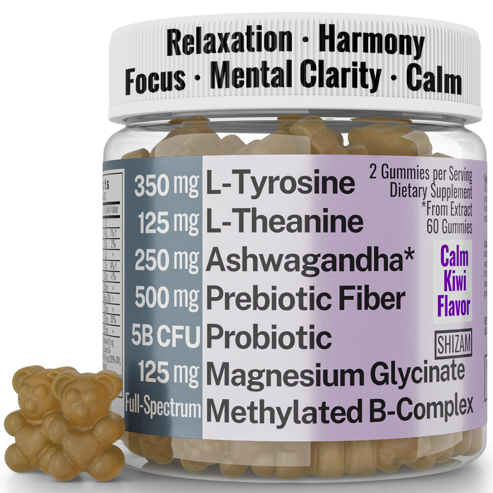 SHIZAM L-Tyrosine L-Theanine bottle closeup for focus support.