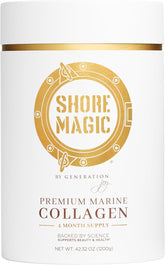 Shore Magic marine collagen bottle pouring into glass for daily skin support.