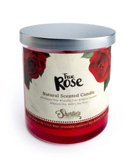 Close-up of Shortie's rose candle label highlighting clean formula