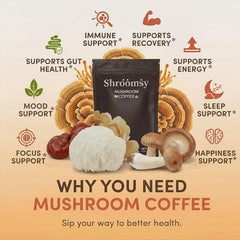 Shroomsy Mushroom Coffee coconut finish in glass emphasizes natural creaminess.