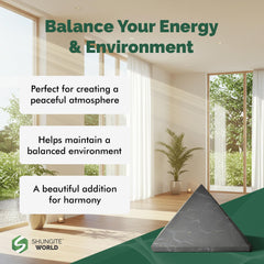 Shungite World pyramid on workspace supports grounding during work