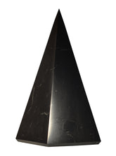Shungite World authentic tall pyramid 90mm shown, supporting calm focus and mindful energy balance.