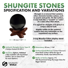 Shungite World polished 50mm sphere highlights smooth texture and modern aesthetics.