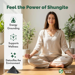 Shungite World pyramid on desk suggesting device-friendly protection and focus in workspaces.