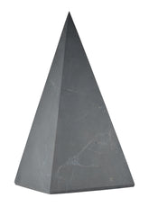 Shungite World tall pyramid unpolished 100mm on display for calm energy balance.