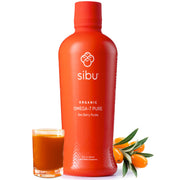 SIBU Omega-7 Pure sea buckthorn juice bottle shows vibrant amber liquid for immune-friendly nutrition