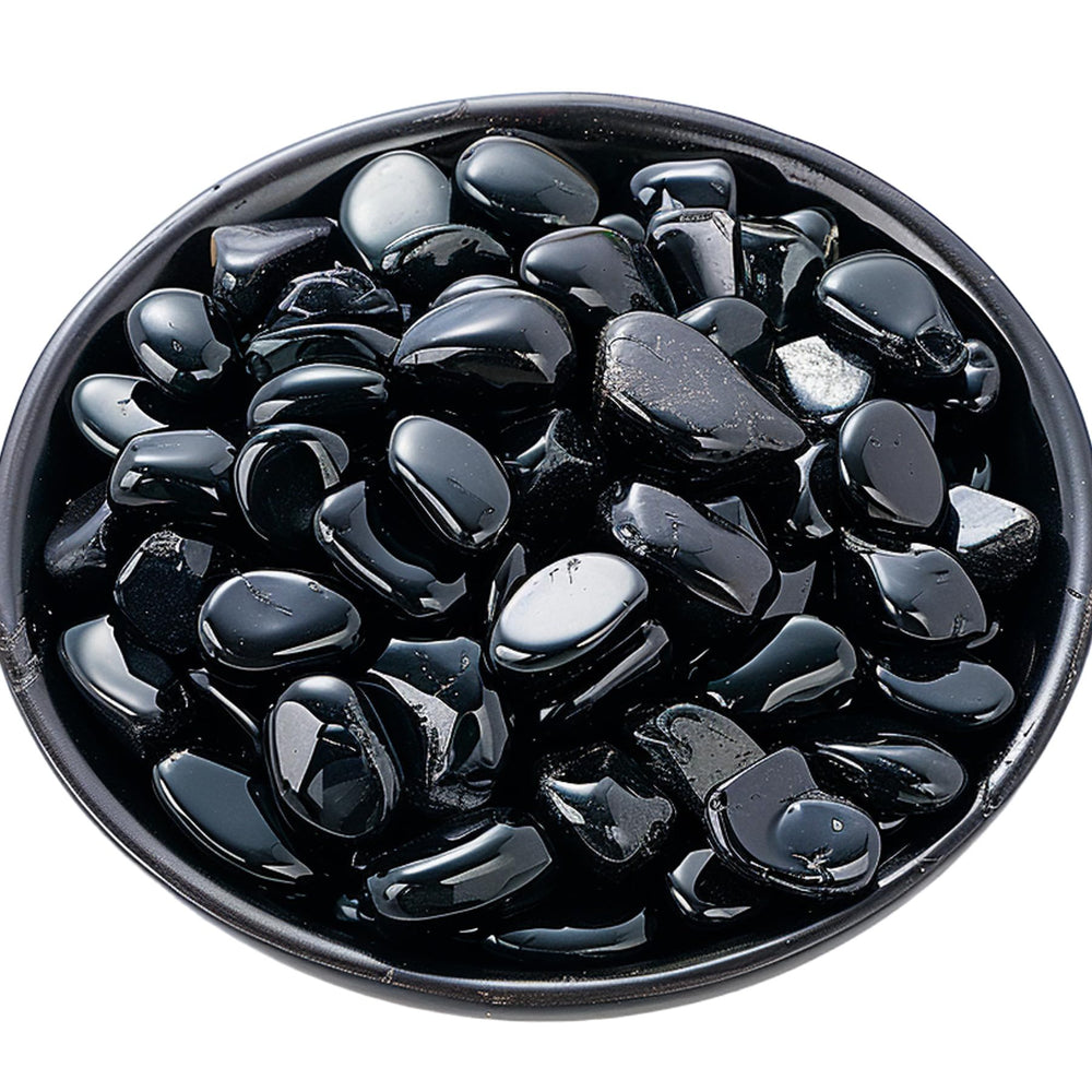 SigMntun polished obsidian crystal set close-up of glossy stones for meditation and decor.