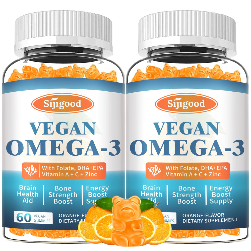 Sijigood Omega-3 Gummies bottle front shows vegan algae source and orange flavor.