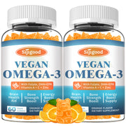Sijigood Omega-3 Gummies bottle front shows vegan algae source and orange flavor.