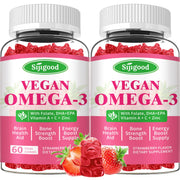 Sijigood Omega-3 Gummies bottle pouring shows vegan algae omega-3 for sustainable daily support.