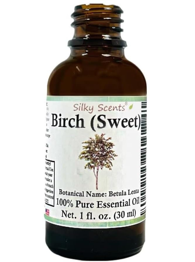 Silky Scents Birch Essential Oil in amber bottle with easy-dispense cap for precise pouring.