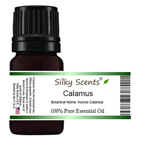 Silky Scents Calamus essential oil bottle with amber glass for easy pouring and aroma diffusion.